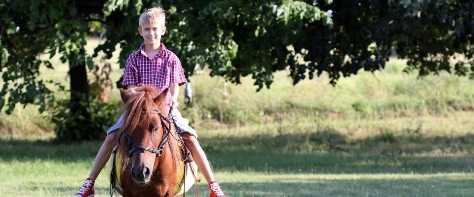 Un bambino cavalca un pony attraverso il prato della fattoria sotto la supervisione di un adulto.