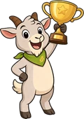 Zwergziege Zieglinde h&auml;lt stolz einen goldenen Pokal in die H&ouml;he