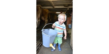 Urlaub auf dem Bauernhof - Tiere am Hof: Kühe - Böbing - bei der Stallarbeit - Veiter-Hof