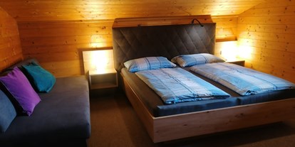 Urlaub auf dem Bauernhof - Fahrzeuge: Balkenmäher - PLZ 5630 (Österreich) - Talblick - gemütliches Schlafzimmer mit drei Schlafplätzen, eingebettet in Holz - Steinerbauer - Urlaub am Biokinderbauernhof