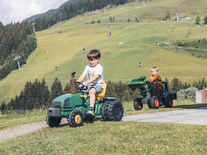 vacanza in fattoria - Rund ums Haus gibt es allerlei Spielmöglichkeiten für Kinder: Zahlreiche Tretfahrzeuge wie Traktoren, GoKarts oder Fahrräder stehen zur Verfügung - Ferienwohnungen Perfeldhof