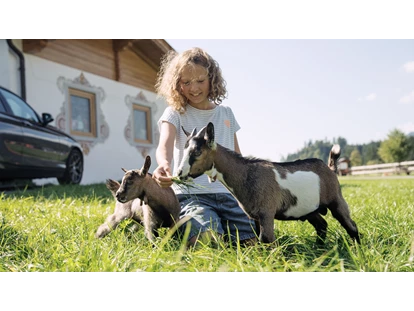 Urlaub auf dem Bauernhof - Mithilfe beim: Tiere füttern - Bsuch - Ziegen - Feriengut Unterhochstätt