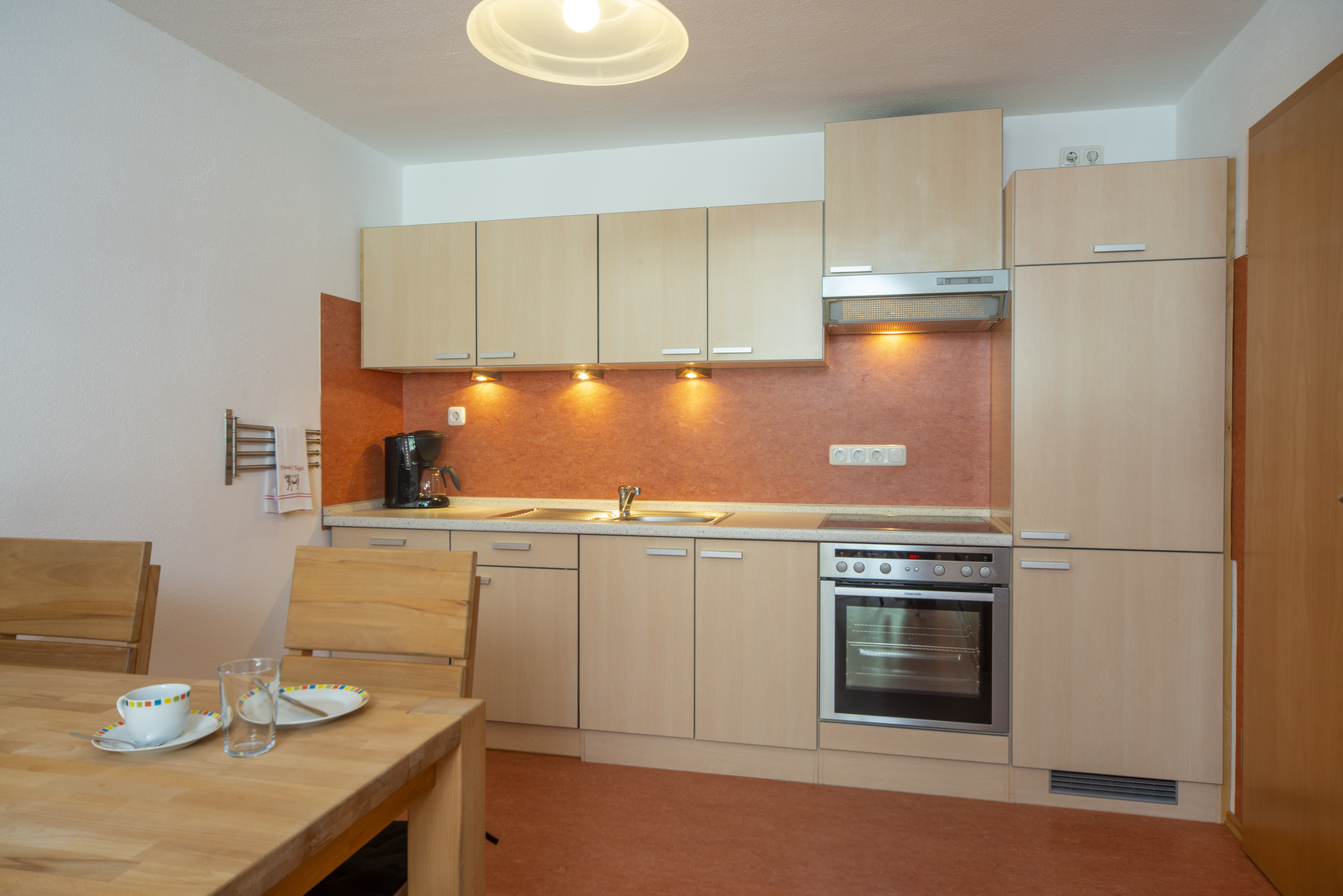 Unterkunft: Großer Wohnraum mit komplett ausgestatteter Küchenzeile (Geschirrspülmaschine, Kühlschrank mit Gefrierfach, Cerankochfeld und Backofen, Kaffeemaschine, Wasserkocher, Handmixer, Toaster, Töpfe, Schüsseln, Backutensilien, Geschirr und Besteck, sowie ein paar Gewürze) - Ferienwohnung Löwenzahn