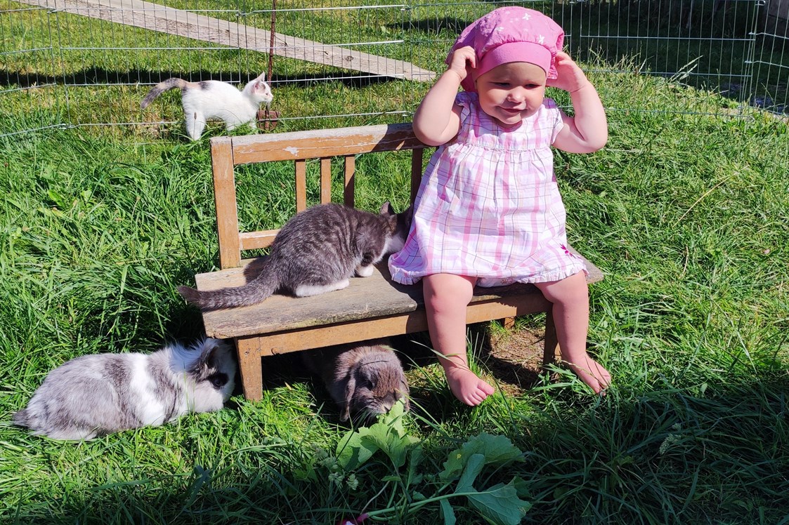 Ferien Bauernhof: Emily bei den Kleintieren. - Biohof Stadler