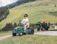 Ferien Bauernhof: Rund ums Haus gibt es allerlei Spielmöglichkeiten für Kinder: Zahlreiche Tretfahrzeuge wie Traktoren, GoKarts oder Fahrräder stehen zur Verfügung - Ferienwohnungen Perfeldhof