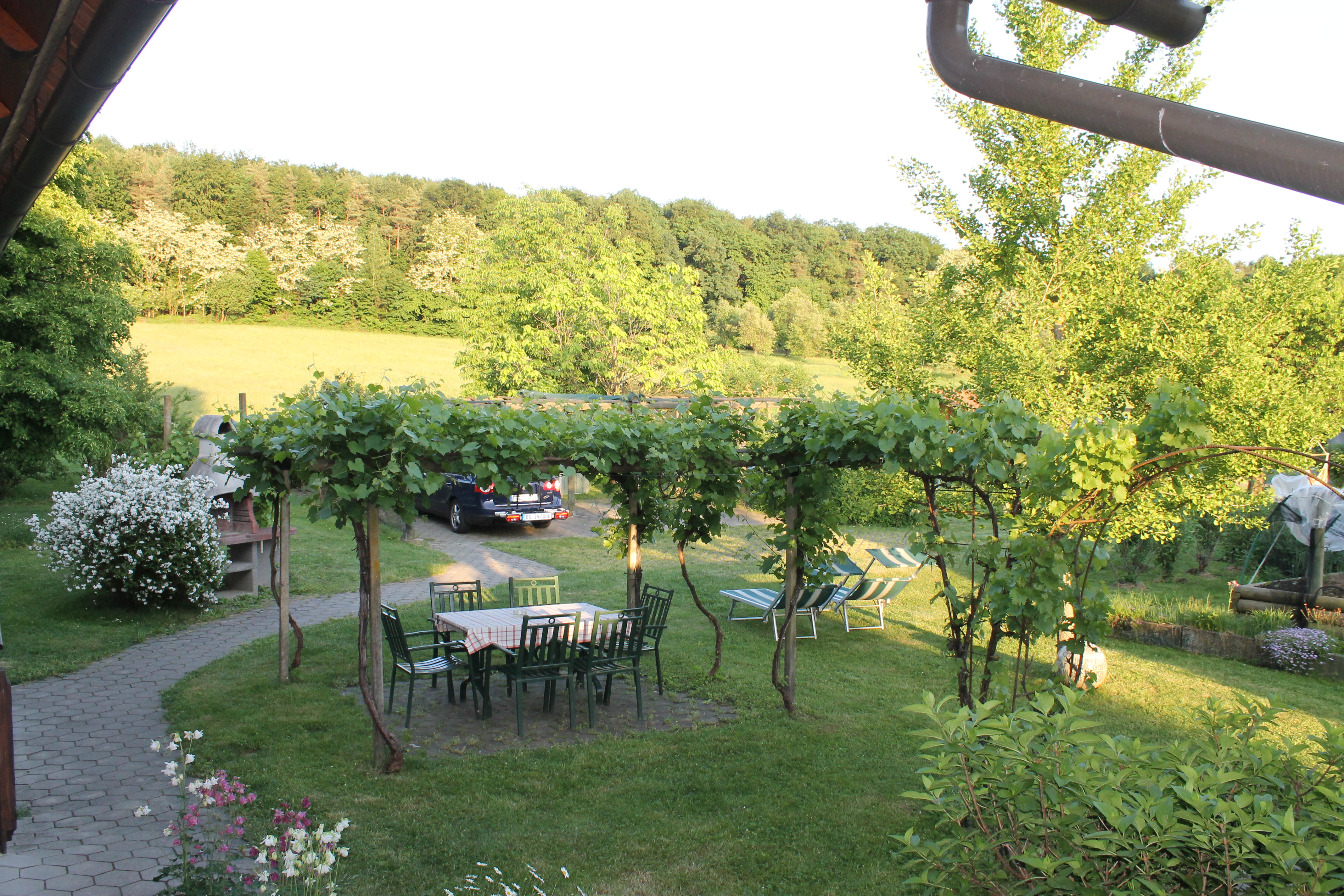 Ferien Bauernhof: Blick in den Garten mit schattiger Weinlaube - Landhaus Bender  - Area esterna