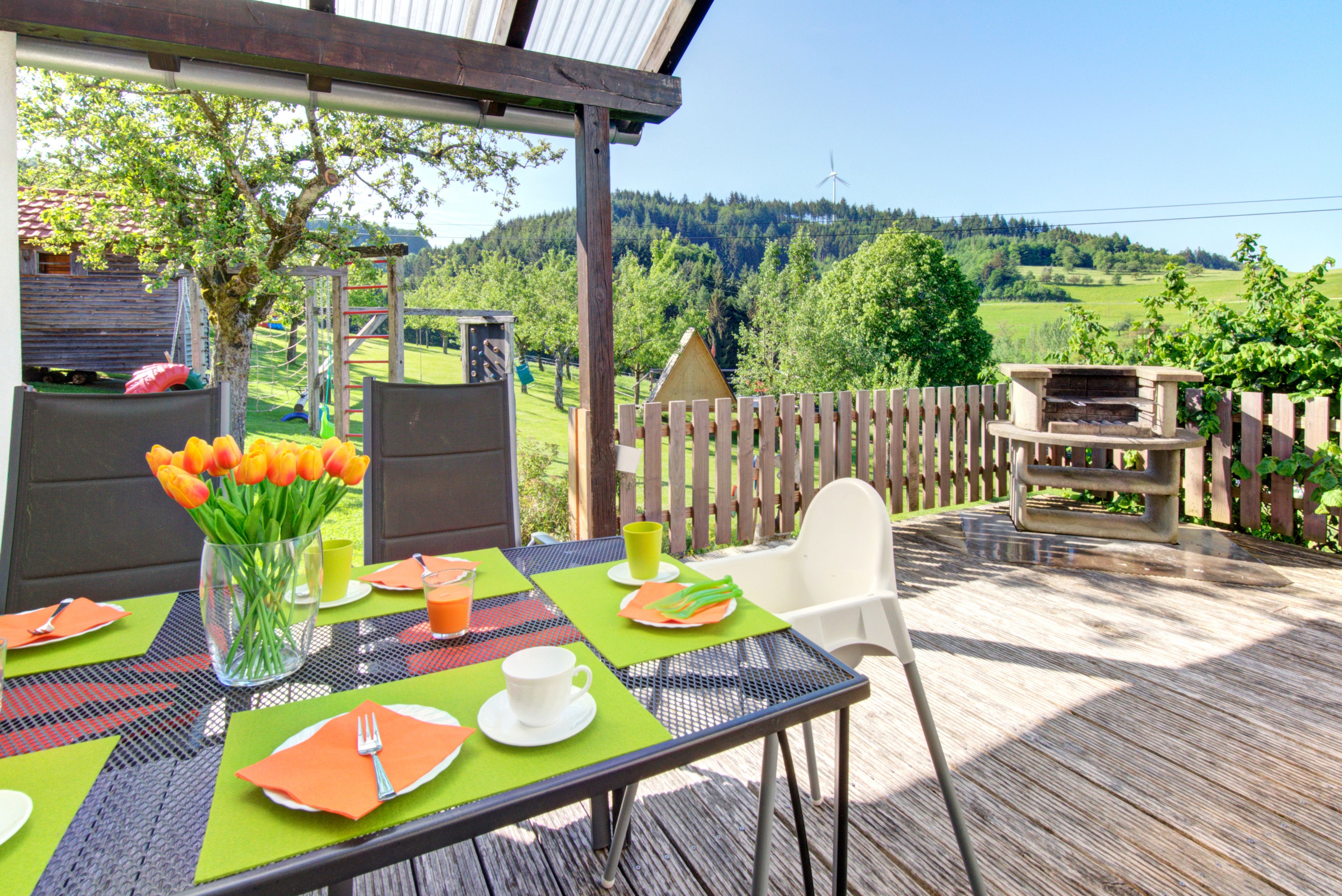 Urlaub auf dem Bauernhof - Ruhelage - Baden-Württemberg - Terrasse Fewo Gänseblümchen 1-5 Personen  - Grub-Daniel-Hof